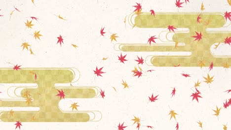 animación de hojas de arce bailando con nubes con patrones japoneses, imagen de otoño