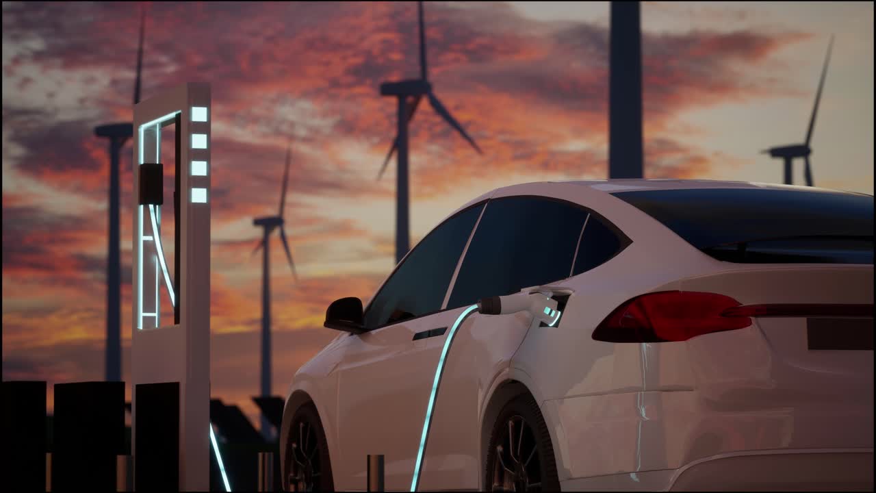풍력 터빈을 배경으로 환경 친화적 인 전기 자동차 충전. 자동차에 플러그 된 포트와 함께 ev 스테이션의 해가 지는 모습. 대안 에너지 개념의 현실적인 3d 렌더링.