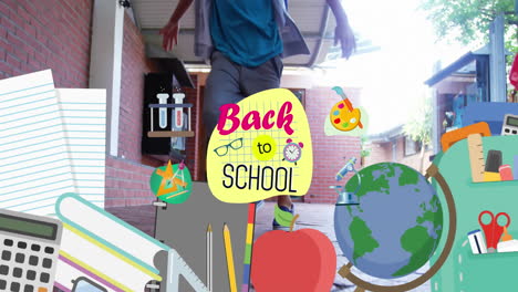 animation of back to school text banner and icons over diverse kids running in school corridor