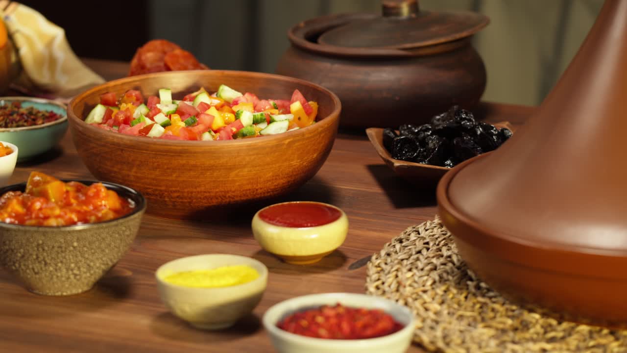 cocina marroquí. tajine, plato tradicional hecho de cordero y berenjena, ensalada de verduras. cultura de oriente medio. couscous con carne de carnero de cerca, arroz delicioso. comida casera.