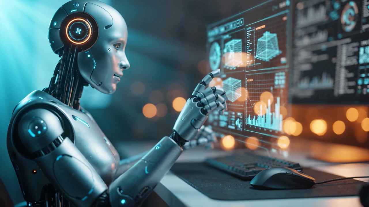 Futuristic Robot Interacting with Advanced Technology, Analyzing Data Visualizations and Metrics on a High-Tech Computer Interface in a Modern Environment