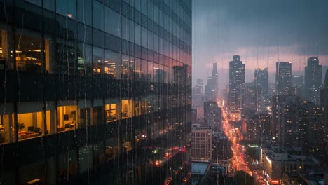 rainy city night view from a skyscraper window