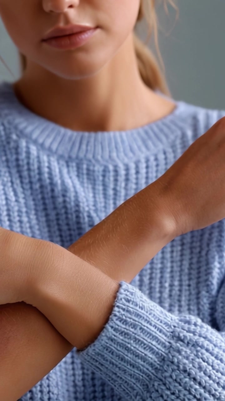 Primer Plano de las Manos y Brazos de una Mujer con un Suéter Azul Suave, Enfatizando el Tono y la Textura de la Piel con un Fondo Tranquilo para una Estética Serena