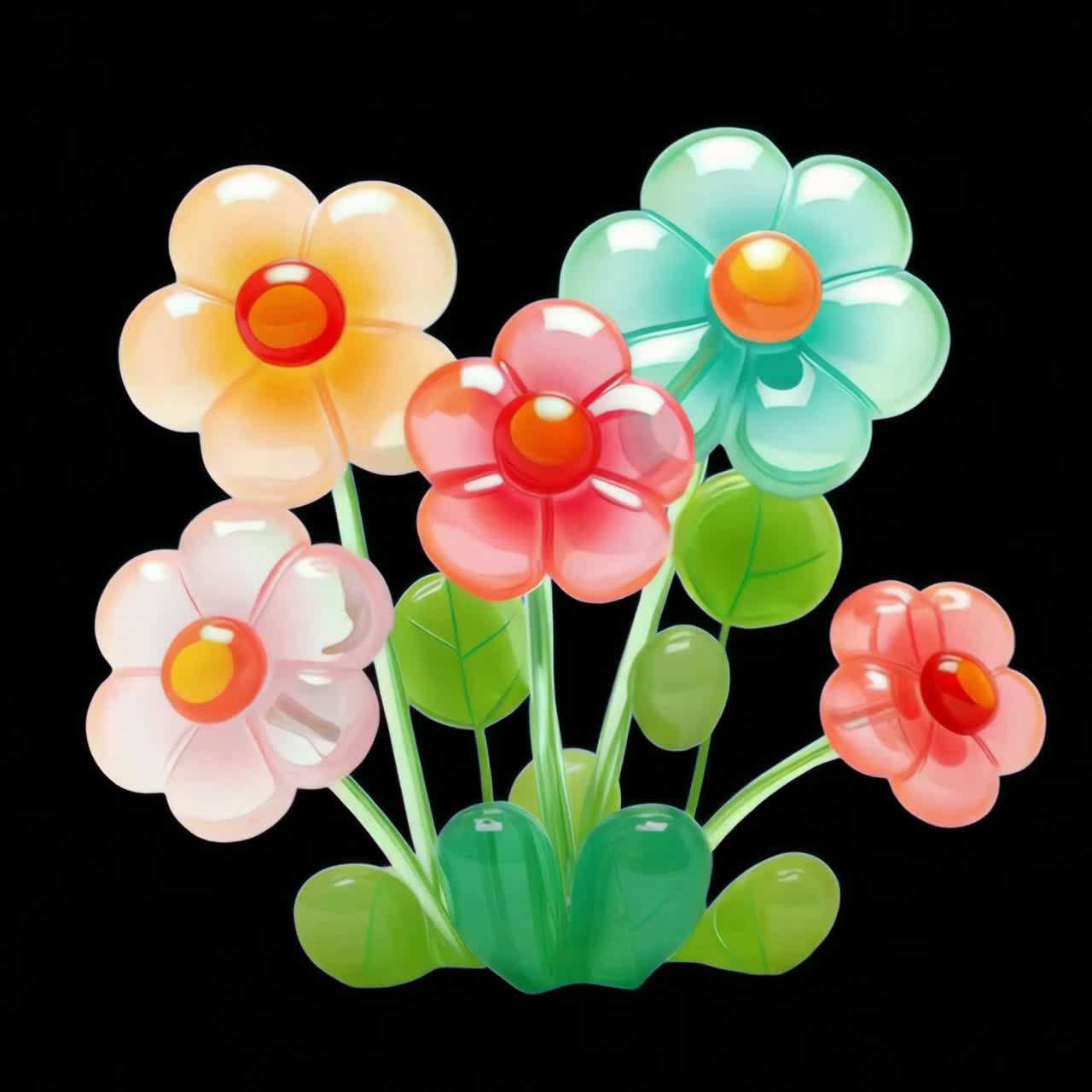 Colorful glass flower bouquet animation isolated asset, transparent 4K video, alpha channel, ProRes
