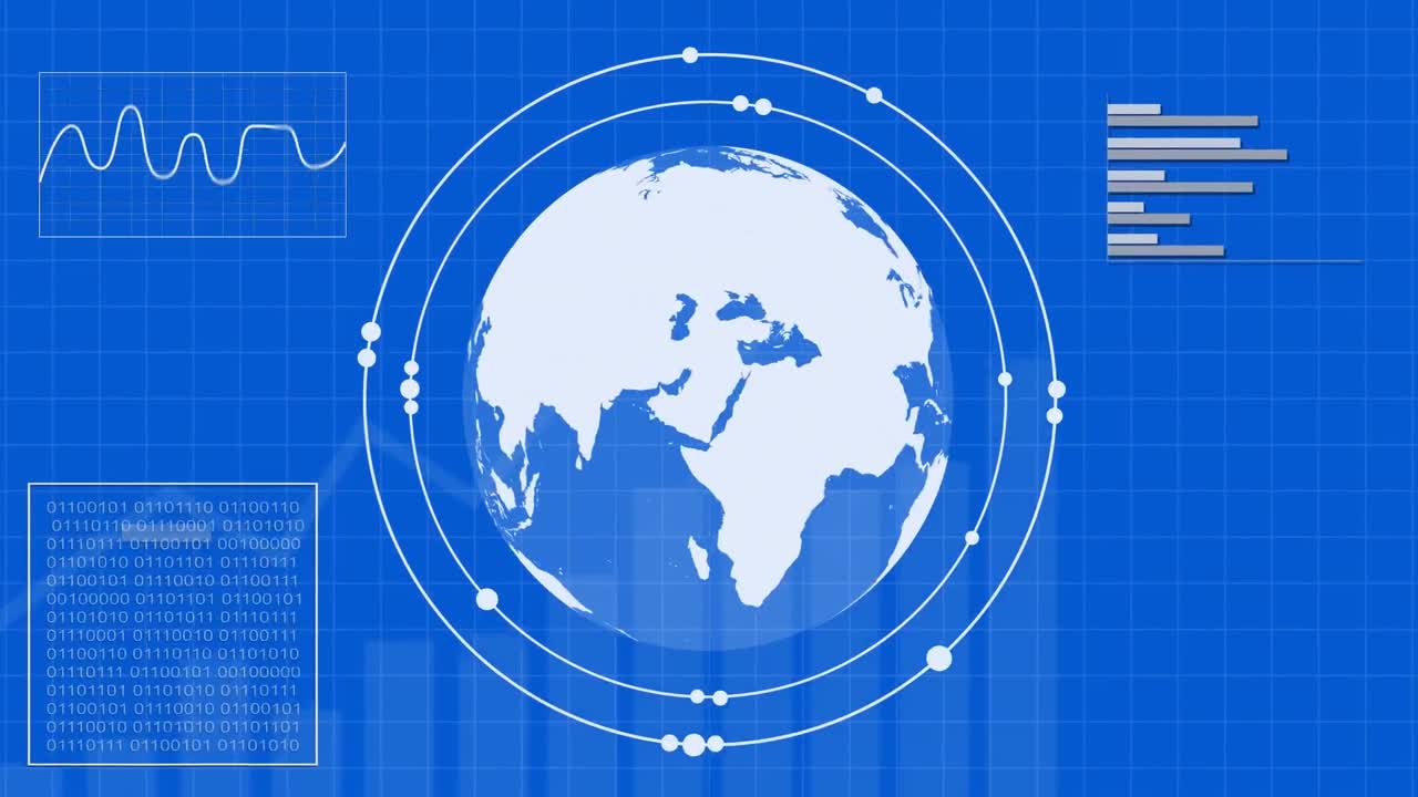 통계 데이터 처리의 애니메이션과 파란색 배경에 회전하는 지구 아이콘