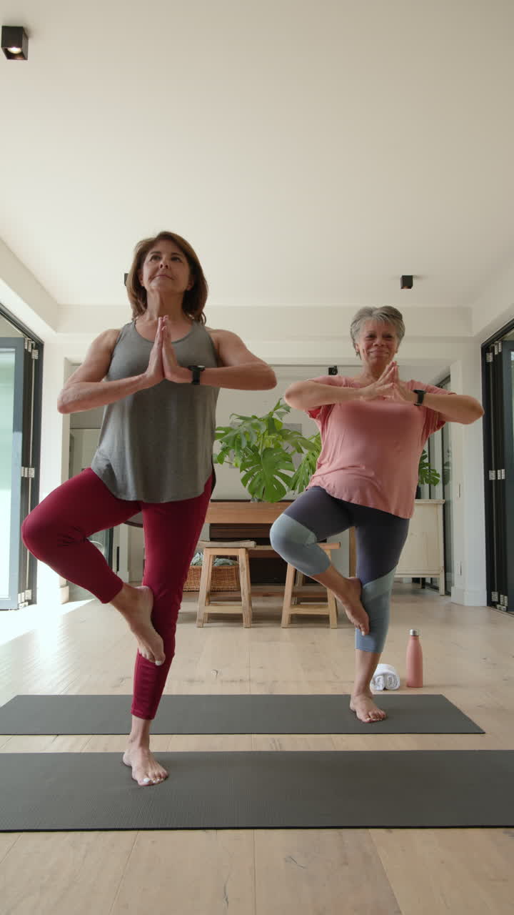 Vertical video: Senior women practicing yoga at home, balancing on mats with concentration