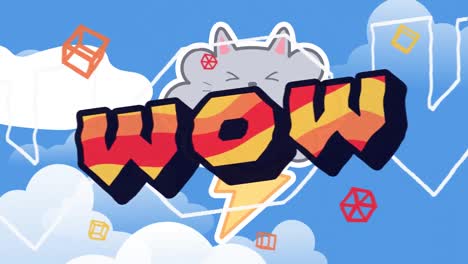 animation of wow text over shapes and sky with clouds