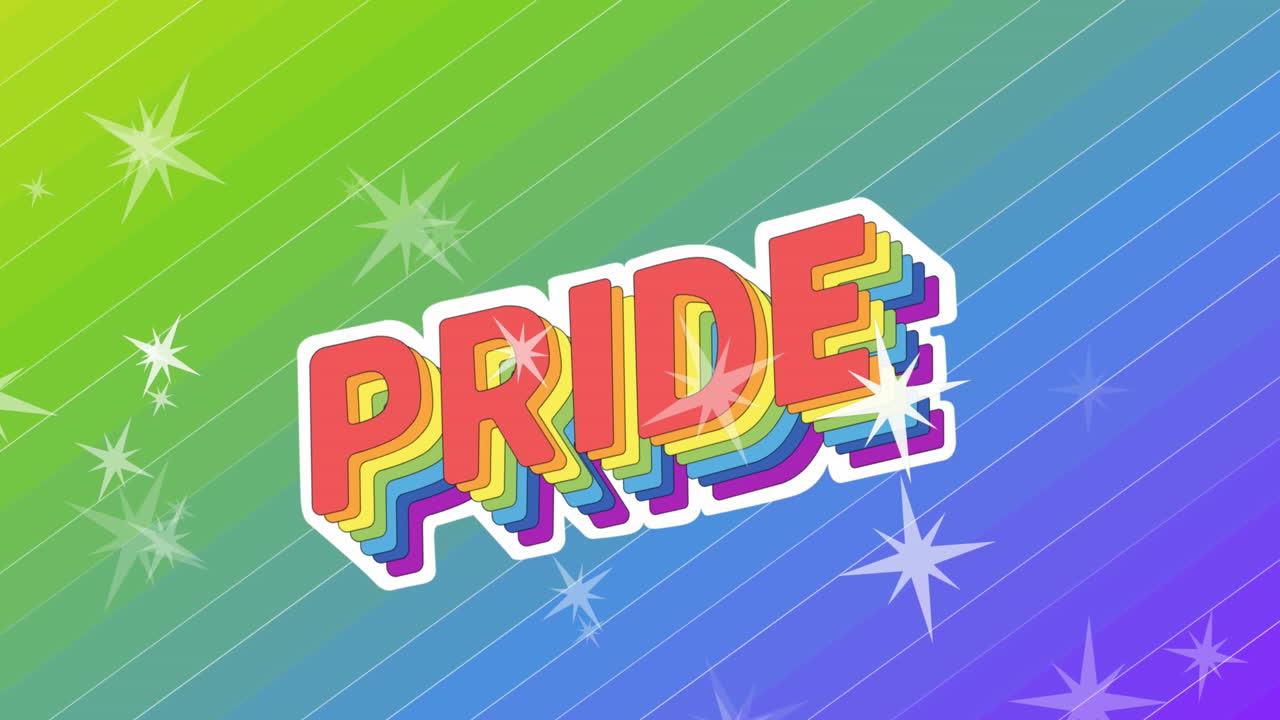 Animation of rainbow pride and lgbtq text with white stars over shifting rainbow colour background