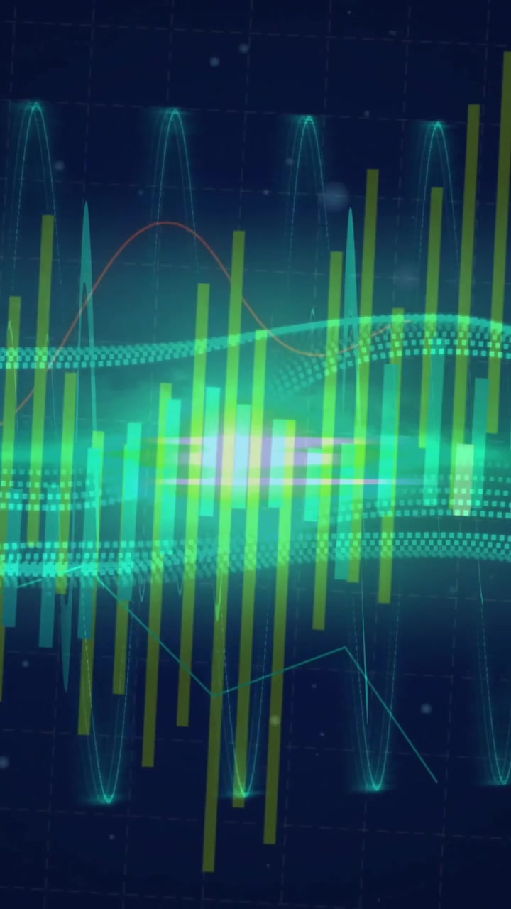 Sound wave and frequency bars animation over dark blue background