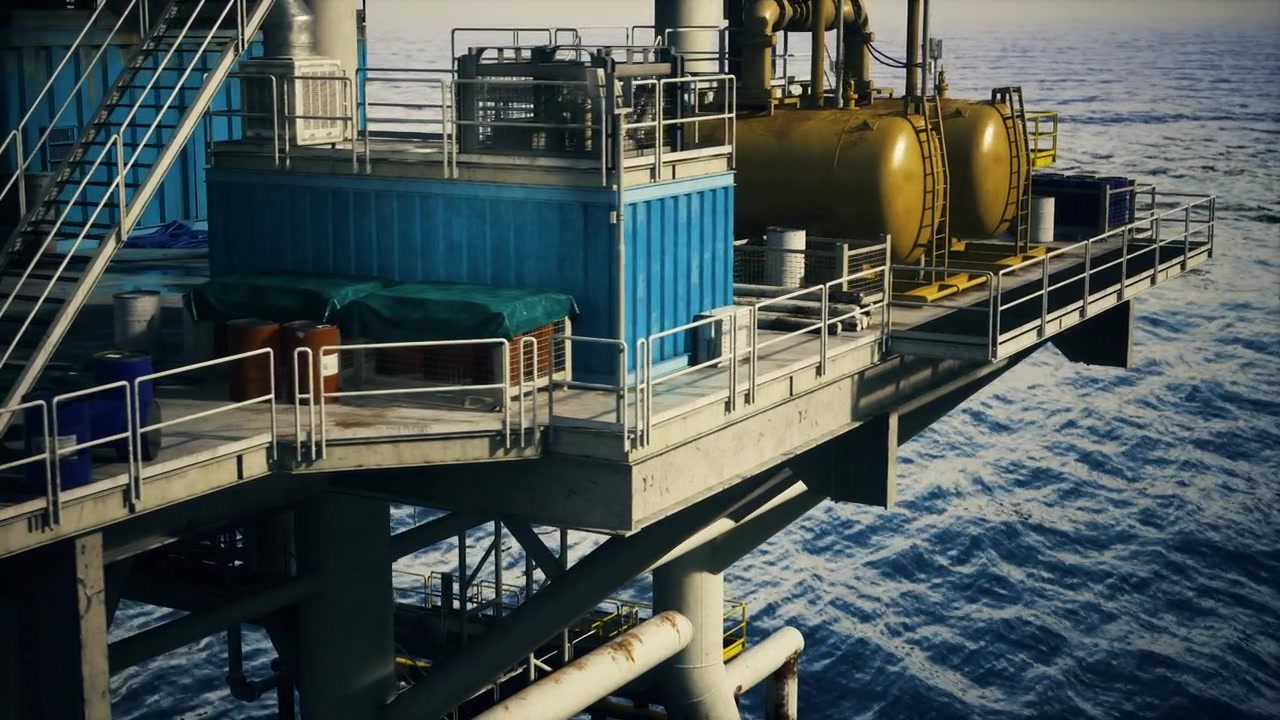 Complex marine oil rigs featuring processing units and sea surroundings