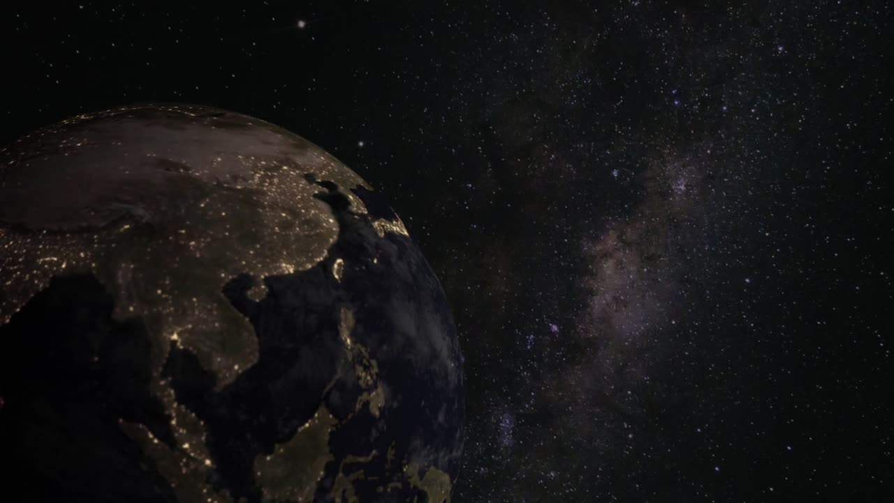 planeta tierra mundo globo espacio vía láctea rotación estrellas universo ciencia geografía sol luz ciudad luces lapso de tiempo