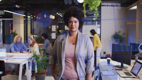 animation of multiple graphs and changing numbers, biracial woman standing in office