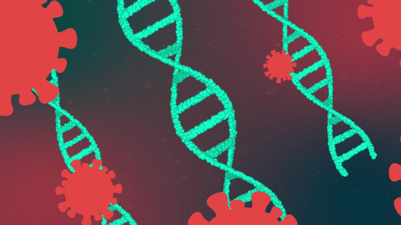 animación de las células de covid 19 moviéndose sobre cadenas de adn girando