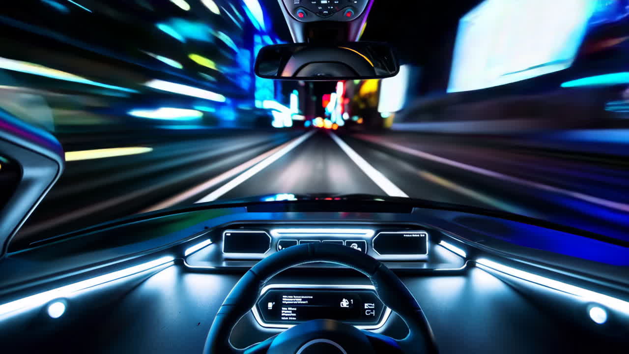 Futuristic Car Driving Through a Night City