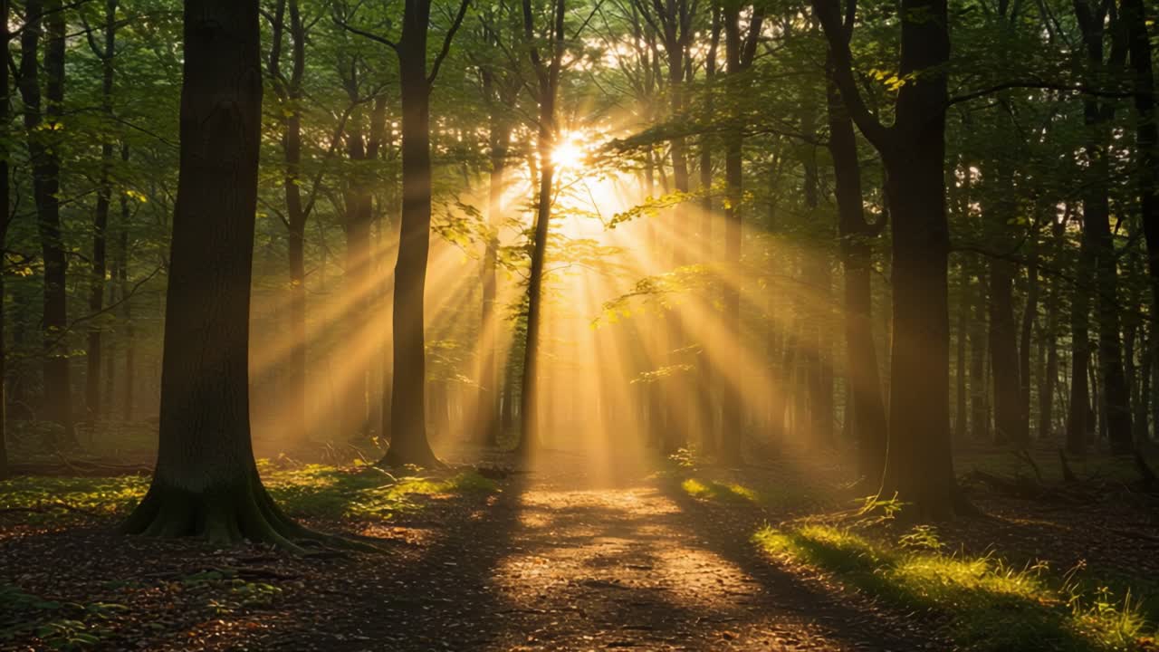 A Serene Morning in the Forest: Sunlight Filtering Through Trees Creates a Magical Atmosphere with Rays of Light Shining on a Peaceful Pathway