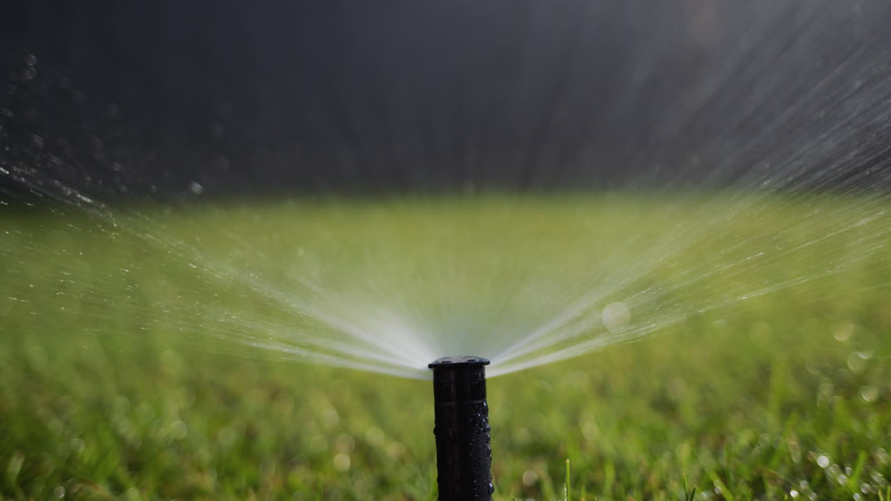 Automatic watering system watering the garden. Bottom view of the high-pressure nozzle