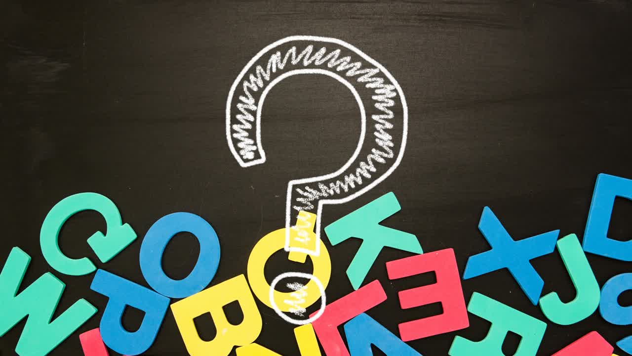 Animation of question mark with letters over black background