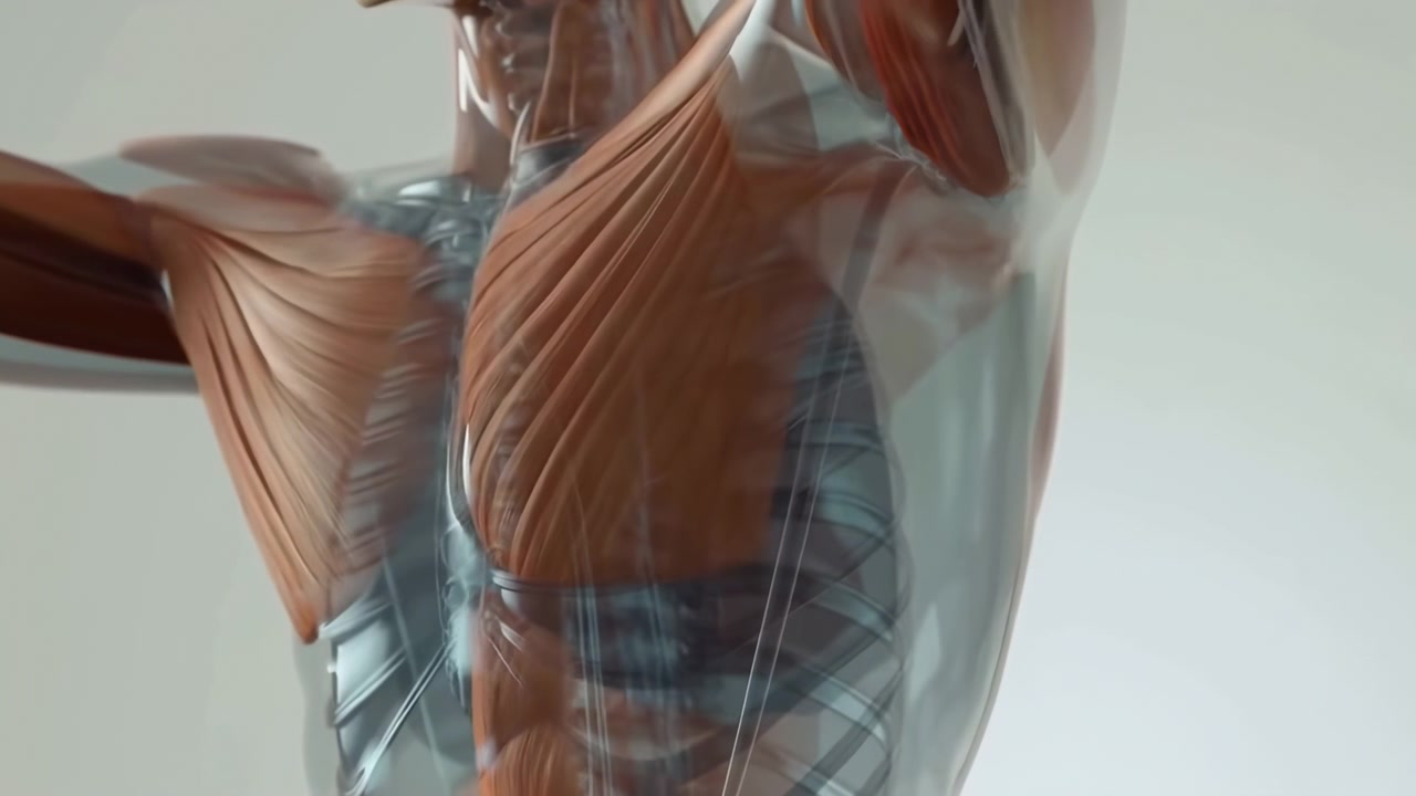 Vista ravvicinata e centrata di un torso umano che mostra una struttura muscolare a strati sotto una superficie trasparente, con illuminazione morbida e uniforme e uno sfondo clinico minimale.