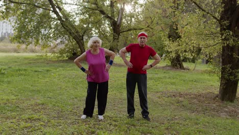 active senior couple doing morning stretching physical exercises in park. fitness family leisure