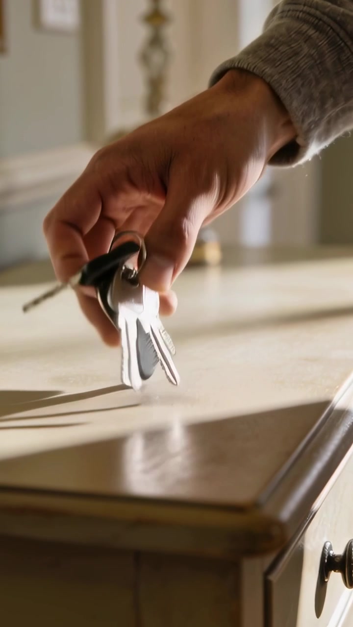 Video verticale: Mano destra con polsino grigio che si allunga per prendere le chiavi con il portachiavi dal tavolino dell'ingresso, uscendo di casa.