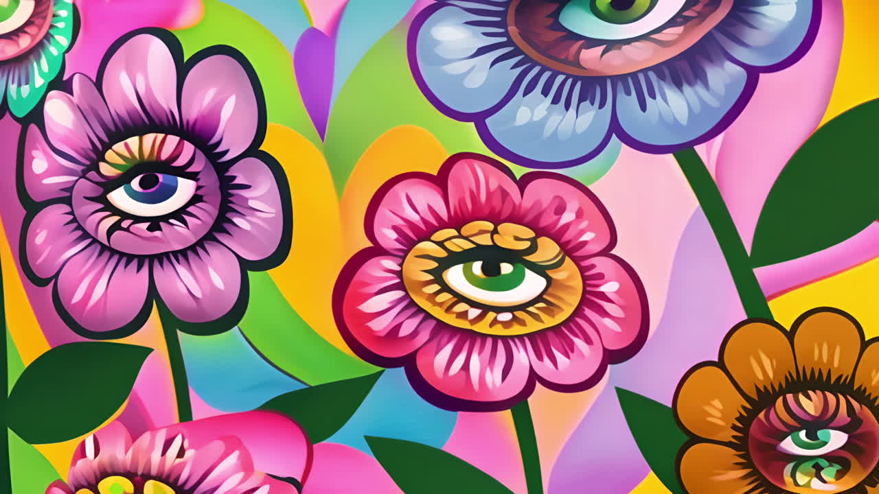 flores coloridas con ojos en pétalos, animación psicodélica