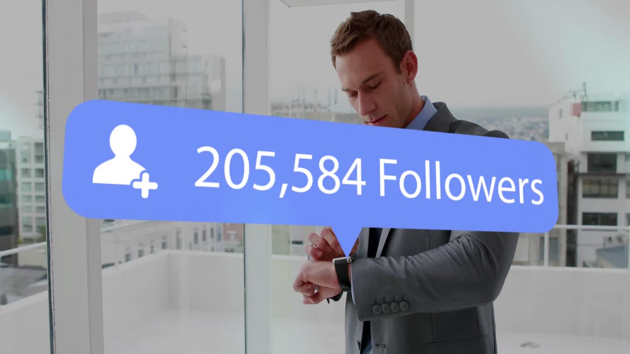 Speech bubble with followers text with increasing numbers against businessman using smartwatch