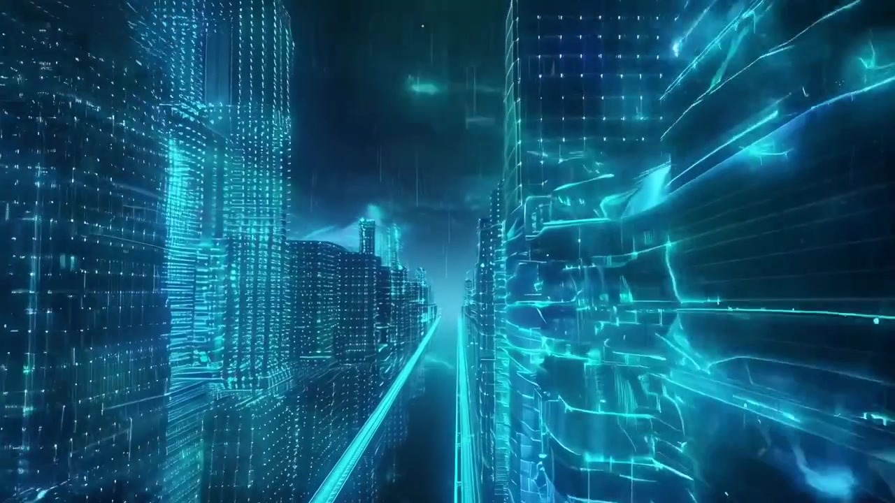 Abstract Digital Cityscape with Glowing Blue Lines and Data Flow