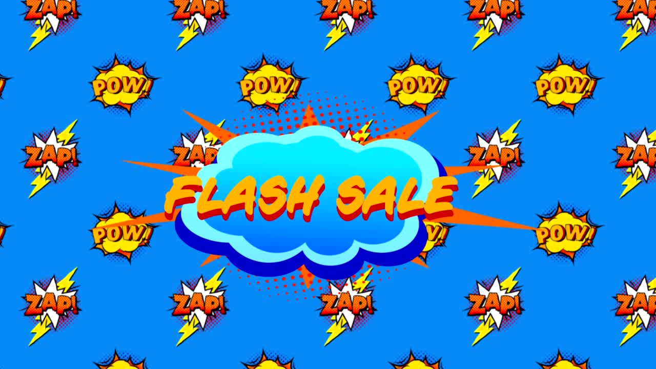 파란색 배경에 대한 스피치 버블에 플래시 판매, 파우 및  텍스트