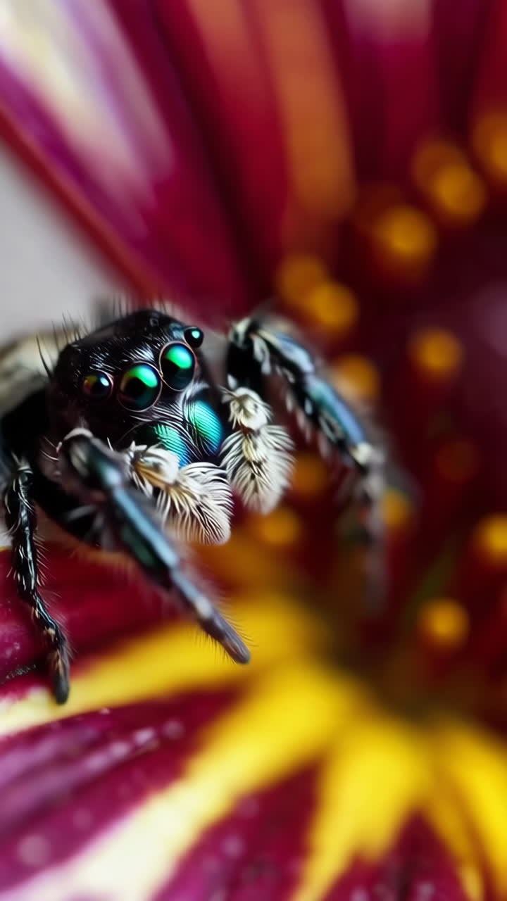 Macro Close-up of a Jumping Spider with Striking Green Eyes on a Flower