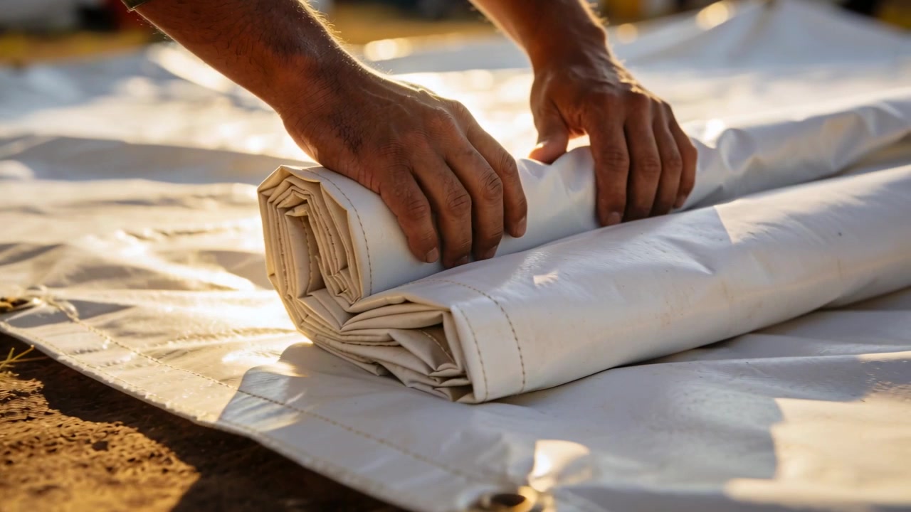 Aligning edge, booted worker hands rolling canvas on dirt, smoothing eyeleted roll for storage