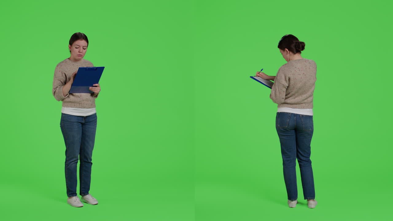Woman writing on clipboard on green screen