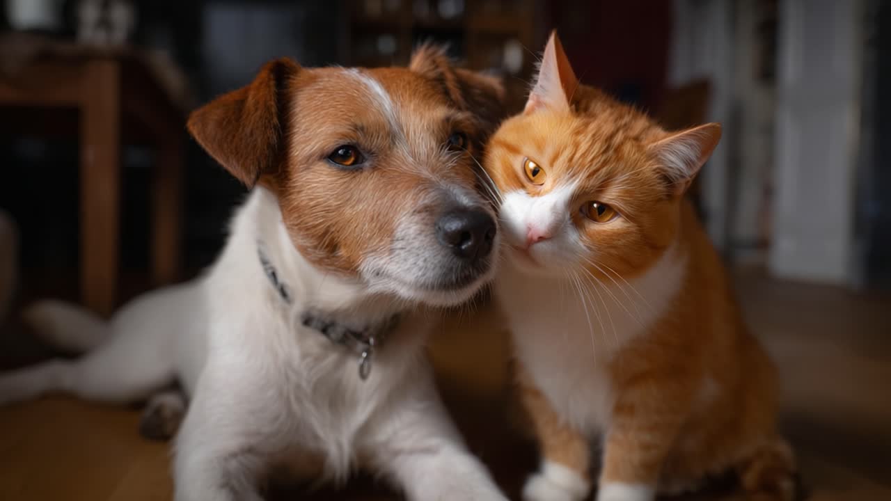A Heartwarming Moment: A Playful Dog and a Curious Cat Sharing Affection in a Cozy Home Environment, Captured in Two Frames of Companionship and Love