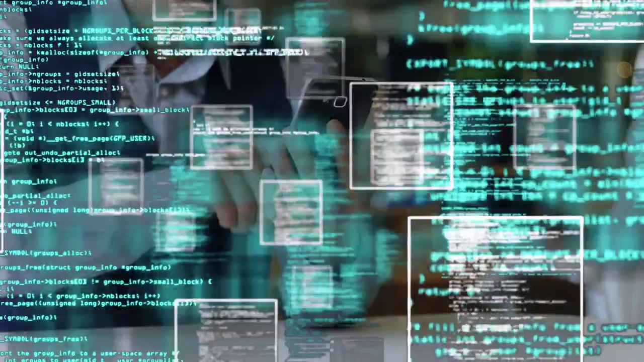 Woman tapping smartphone, updating floating code overlays, colleague leaning in, showing tech demo