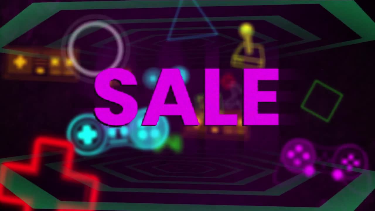 어두운 배경에 있는 게임 아이콘 위의 판매 텍스트의 애니메이션