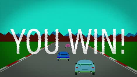 animación de usted ganar texto sobre la pantalla con el juego de carreras de coches en el fondo