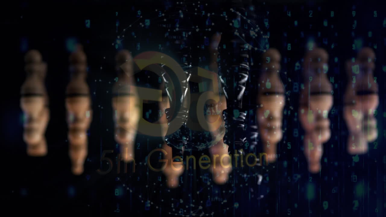 5G logo being visualized in digital void, floating pawns and network nodes emitting binary code