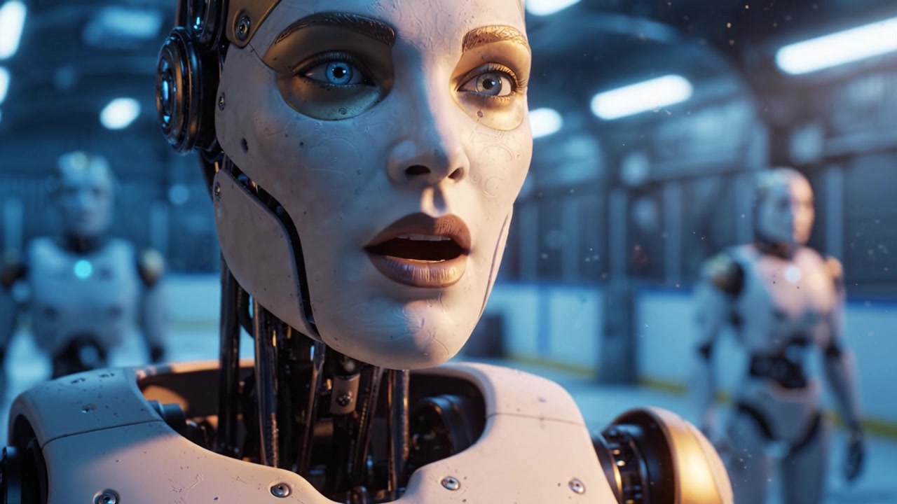 İlgi çekici robot yüzleri, fütüristik bir arenada insan benzeri özellikler sergileyerek gelişmiş yapay zekayı ve robotik teknolojisinin evrimini gözler önüne seriyor