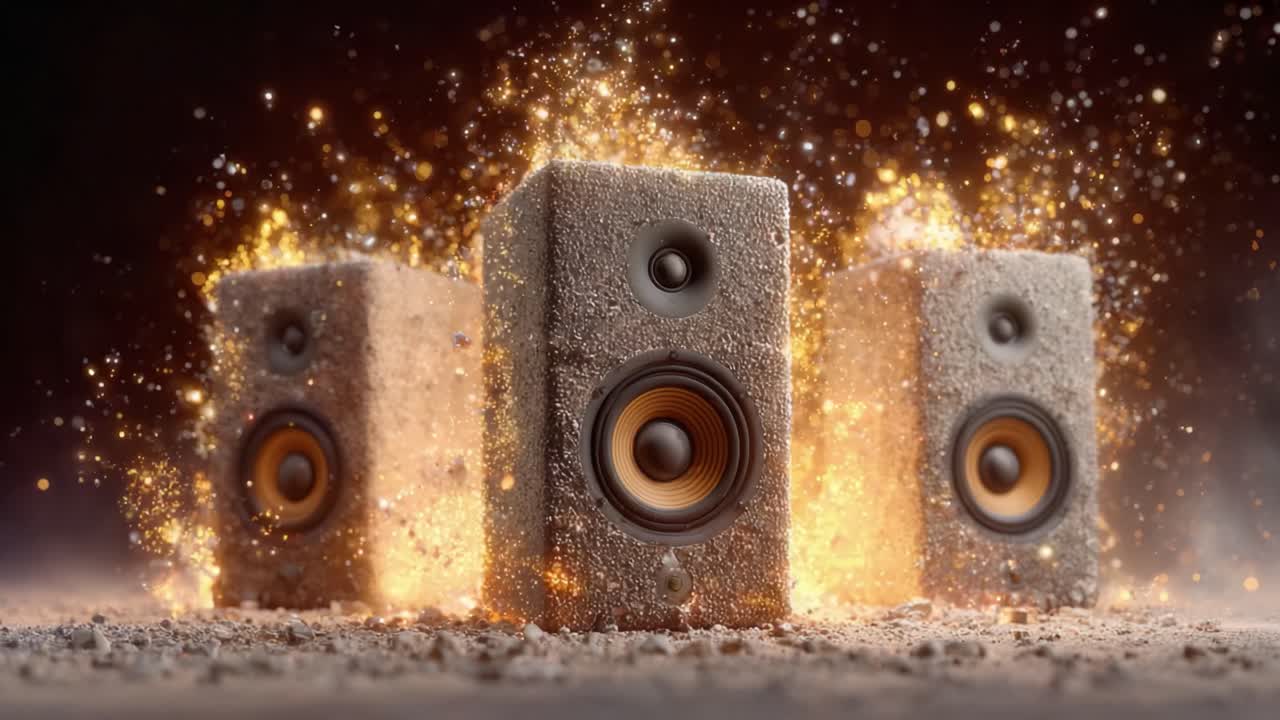 Dynamic Sound Energy Emanating From Stylish Speakers Surrounded By Radiant Sparks and Dust Particles, Highlighting the Power of Music and Vibrations