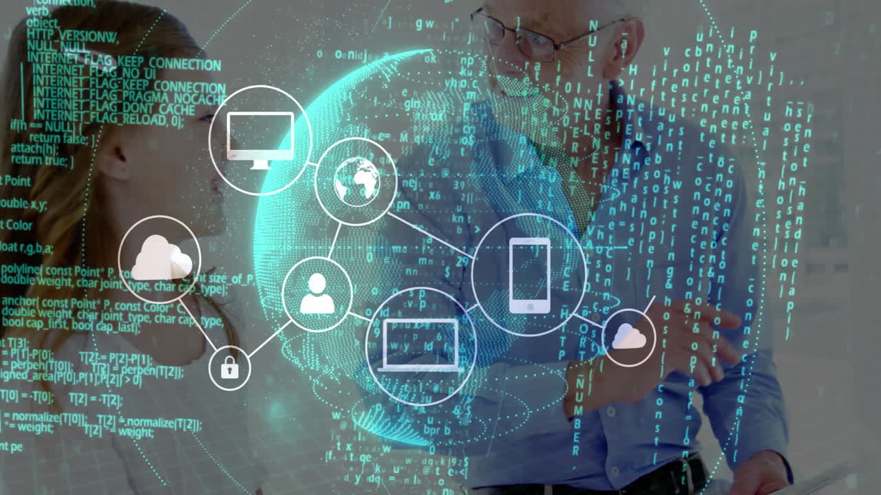 Father and daughter standing behind technology globe, featuring network icons and cascading code