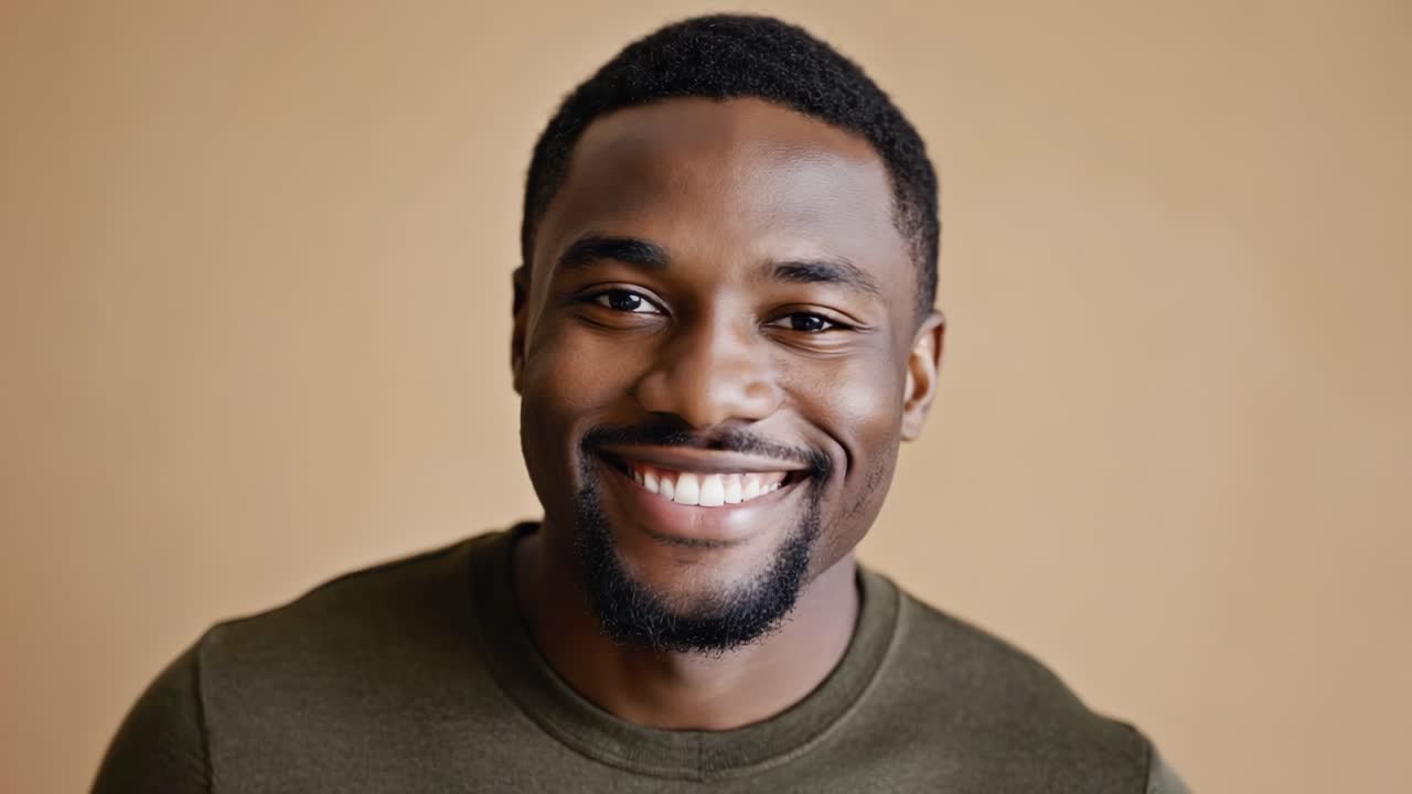 Young adult male model wearing dark green casual sweater, smiling confidently at camera against beige background, radiating genuine happiness and positive emotion