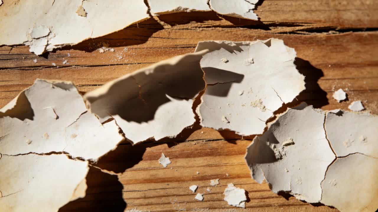 Sunlight warming peeling white paint, detaching and revealing grain on plank, chips and shadows