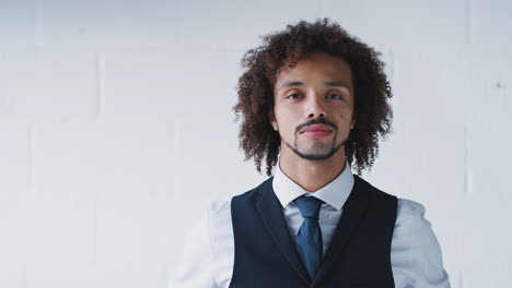 portrait of confident young businessman wearing suit standing against white studio wall