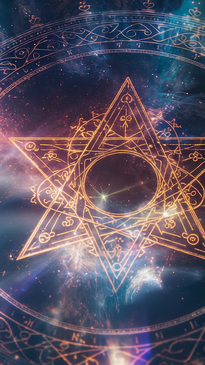 Vertical video: Materializing golden mandala rotating in nebula, with beams activating runic ring