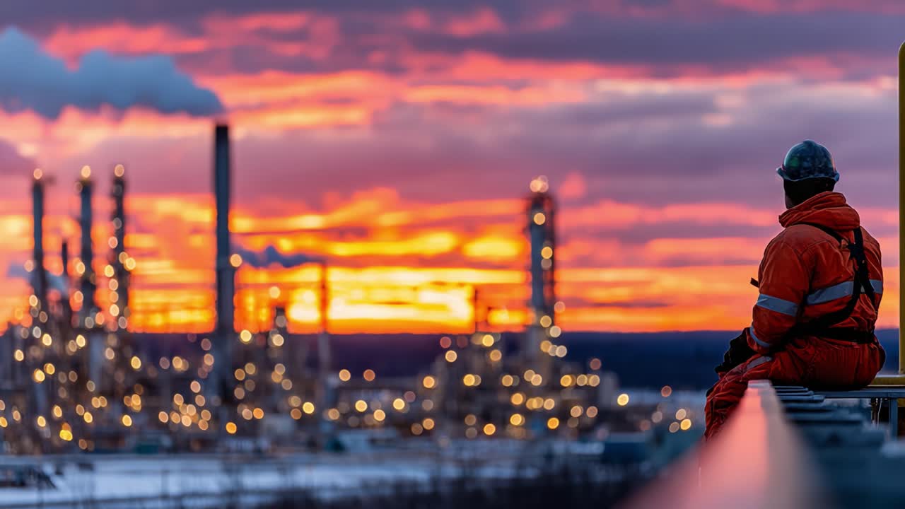 A solitary worker gazes at the breathtaking sunset, silhouetted against the backdrop of a vibrant industrial landscape with towering structures and glowing lights