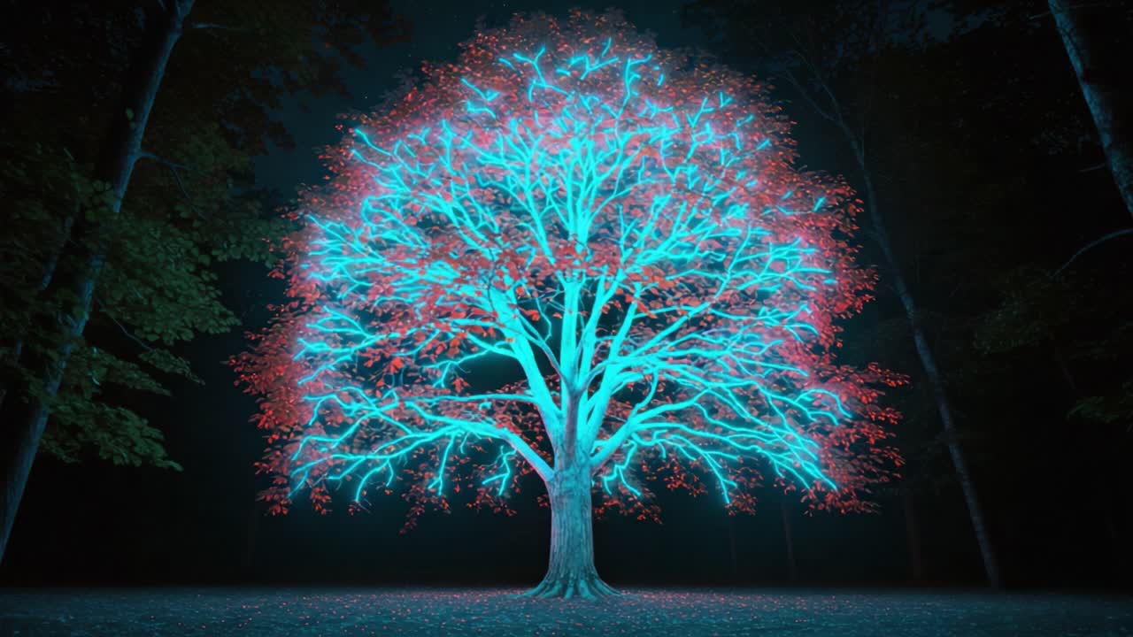 Vibrant Tree Illuminated at Night: A Stunning Contrast of Red and Blue Leaves Against a Dark Forest Background Capturing the Beauty of Nature and Light Play