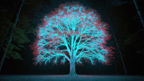 vibrant tree illuminated at night: a stunning contrast of red and blue leaves against a dark forest background capturing the beauty of nature and light play