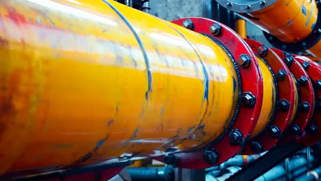 a bunch of yellow and red pipes in a factory