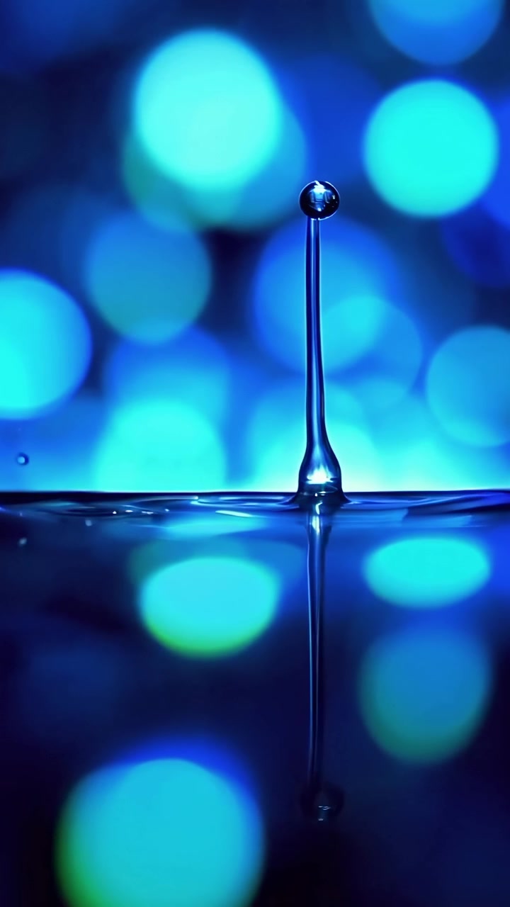 Tetesan Air Memercik dalam Gerak Lambat dengan Cahaya Bokeh Biru