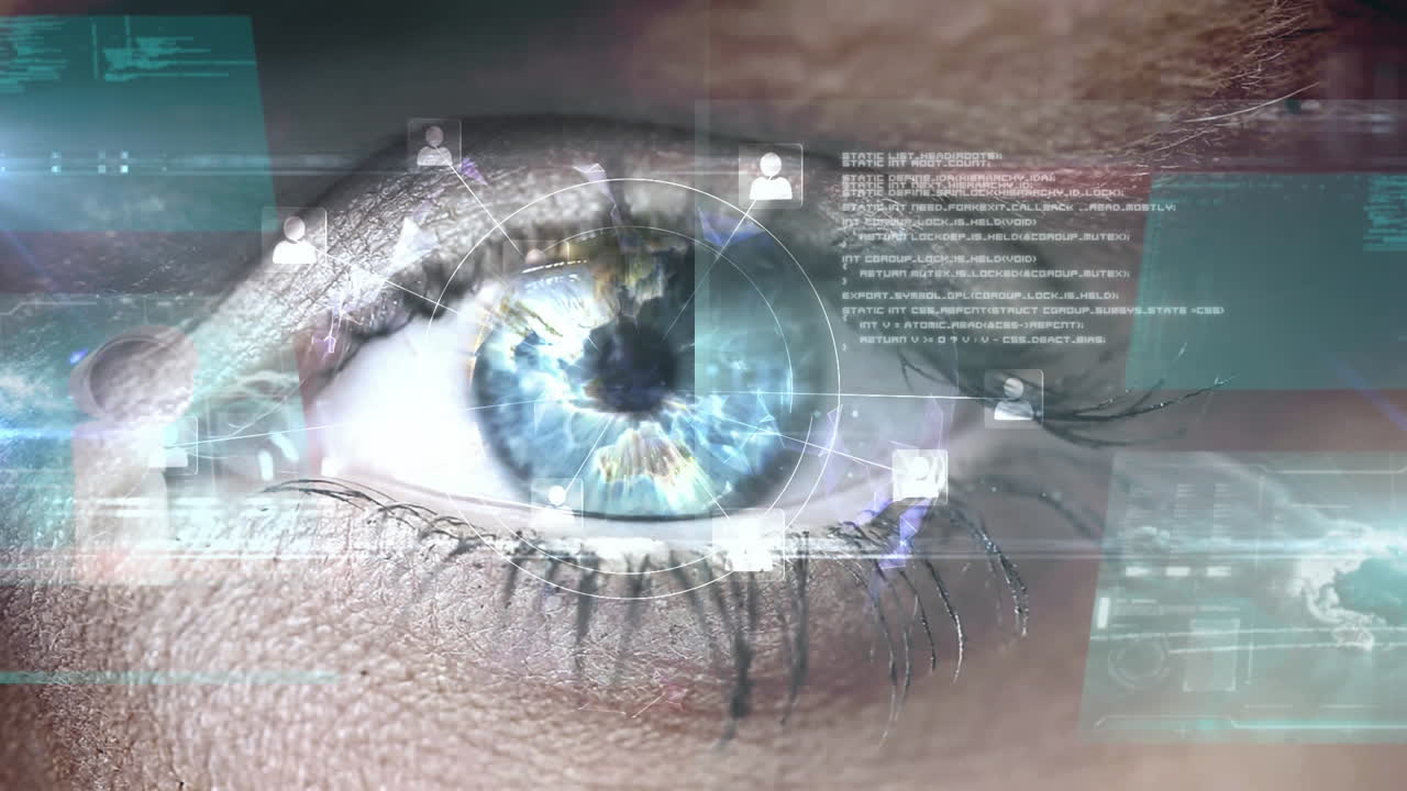 animación de la red de procesamiento de datos sobre el ojo de la mujer