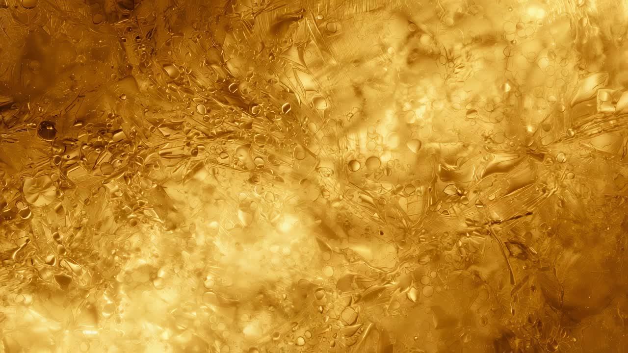 Caldo controluce che rivela un gel ambrato, mentre le bolle si spostano e i riflessi scorrono in primo piano macro.